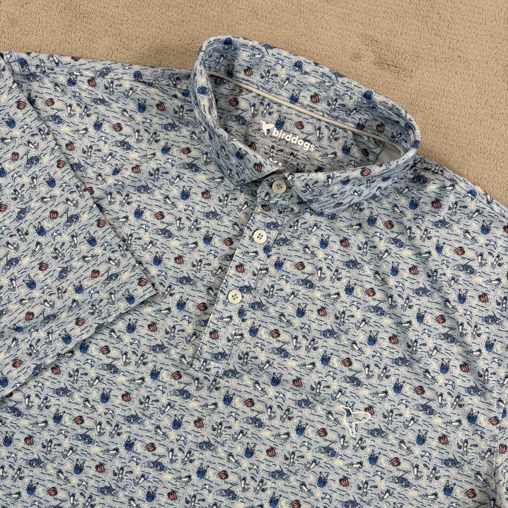Birddogs Performance Golf Polo Shirt in Blue Graphic Print Men XL Logo NWOT $99